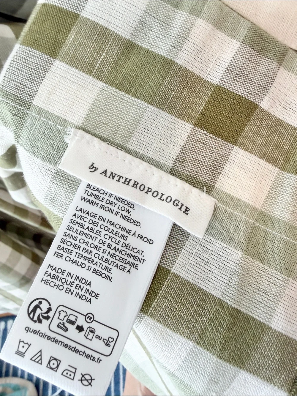 Anthropologie Cotton Linen Gingham Curtain Panel Green 63x50 NEW